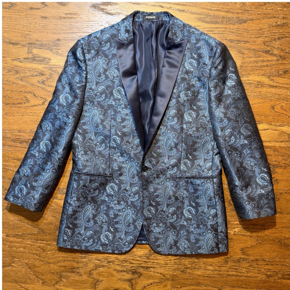 Express Blazer Mens Slim Blue Paisley Jacquard Peak Lapel 38R Slim Excellent